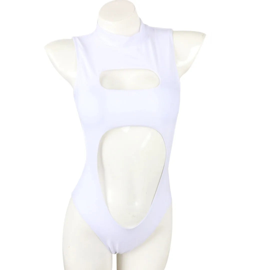 Zipper ladies one-piece nylon swimsuit in black with front zip, full coverage design, side view