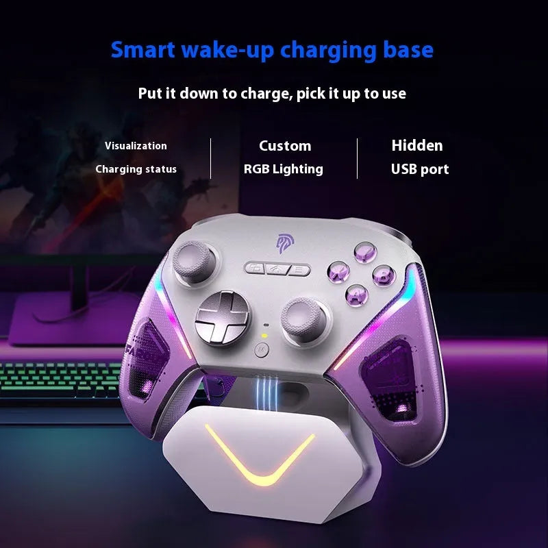 Black Smart Startstop game controller charging base with dual-cut triggers on a desk.
