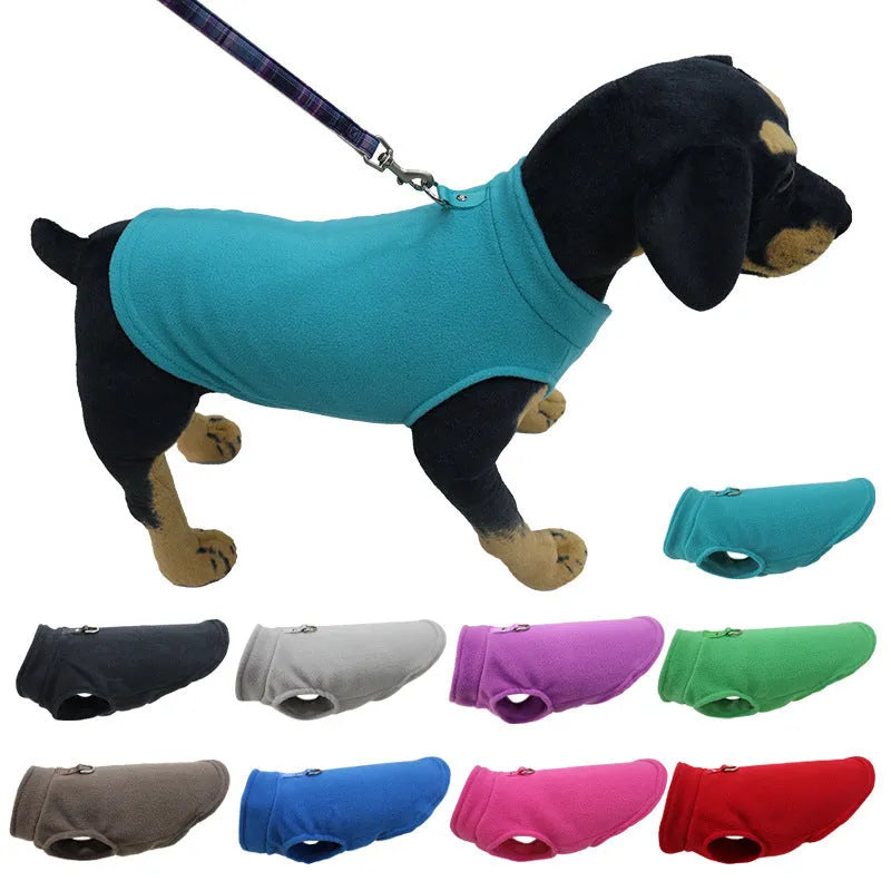 Dog thickened solid colour polar fleece waistcoat in red on a small dog