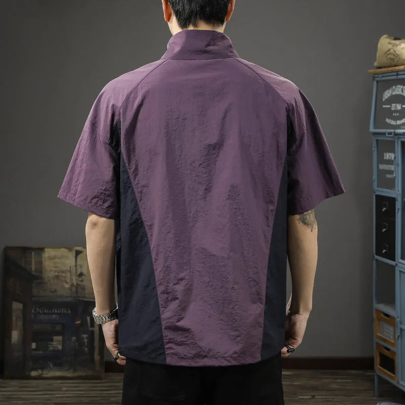 Men's brown ice silk half-zip stand collar business shirt with short sleeves on hanger