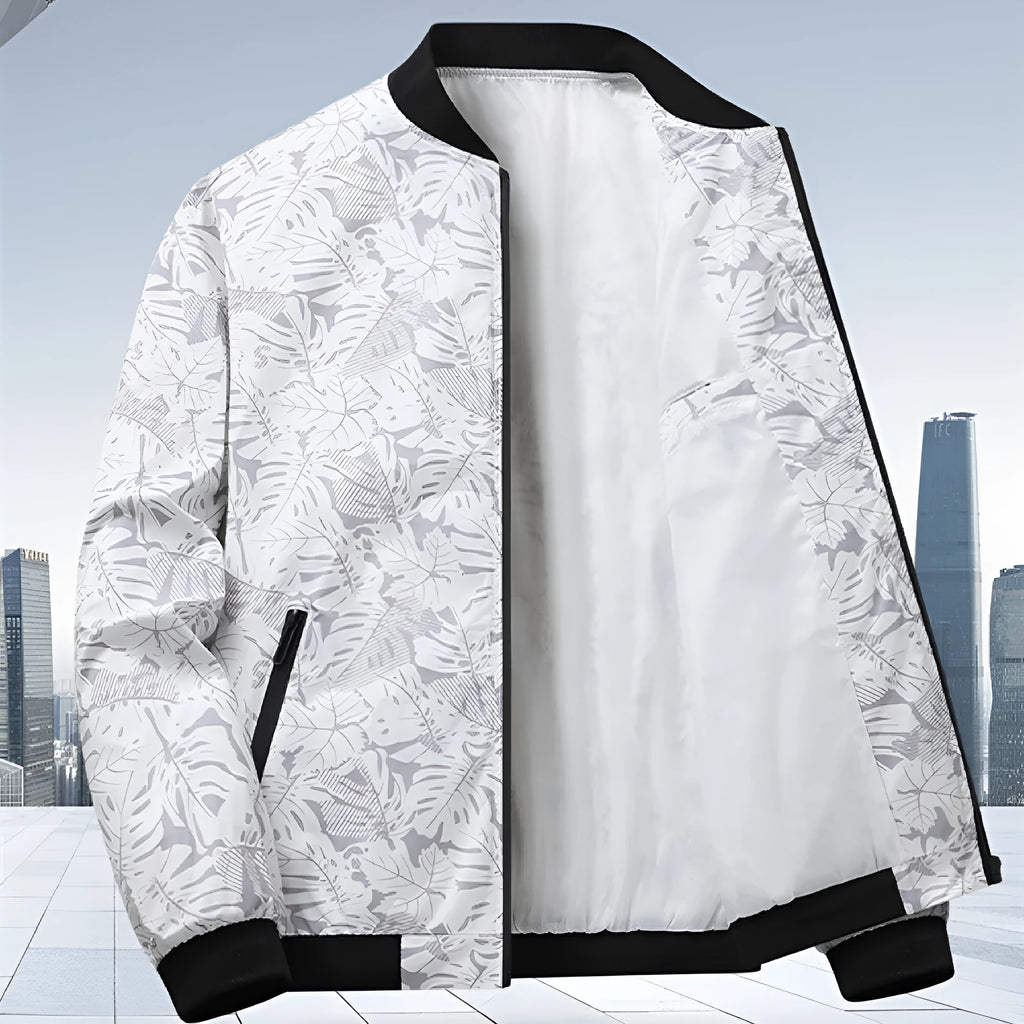 Men's autumn casual jacket with floral pattern, polyester fibre, in grey, black, white, blue, sizes M to 4XL