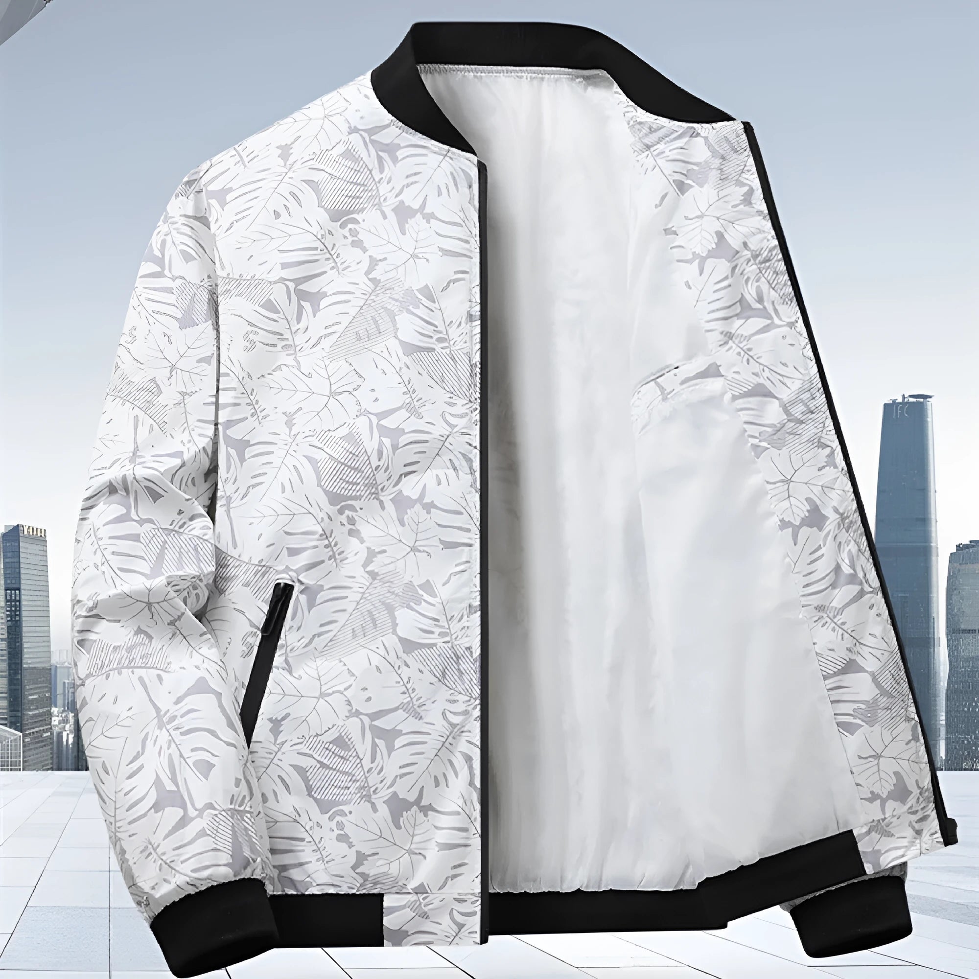 Men's autumn casual jacket with floral pattern, polyester fibre, in grey, black, white, blue, sizes M to 4XL