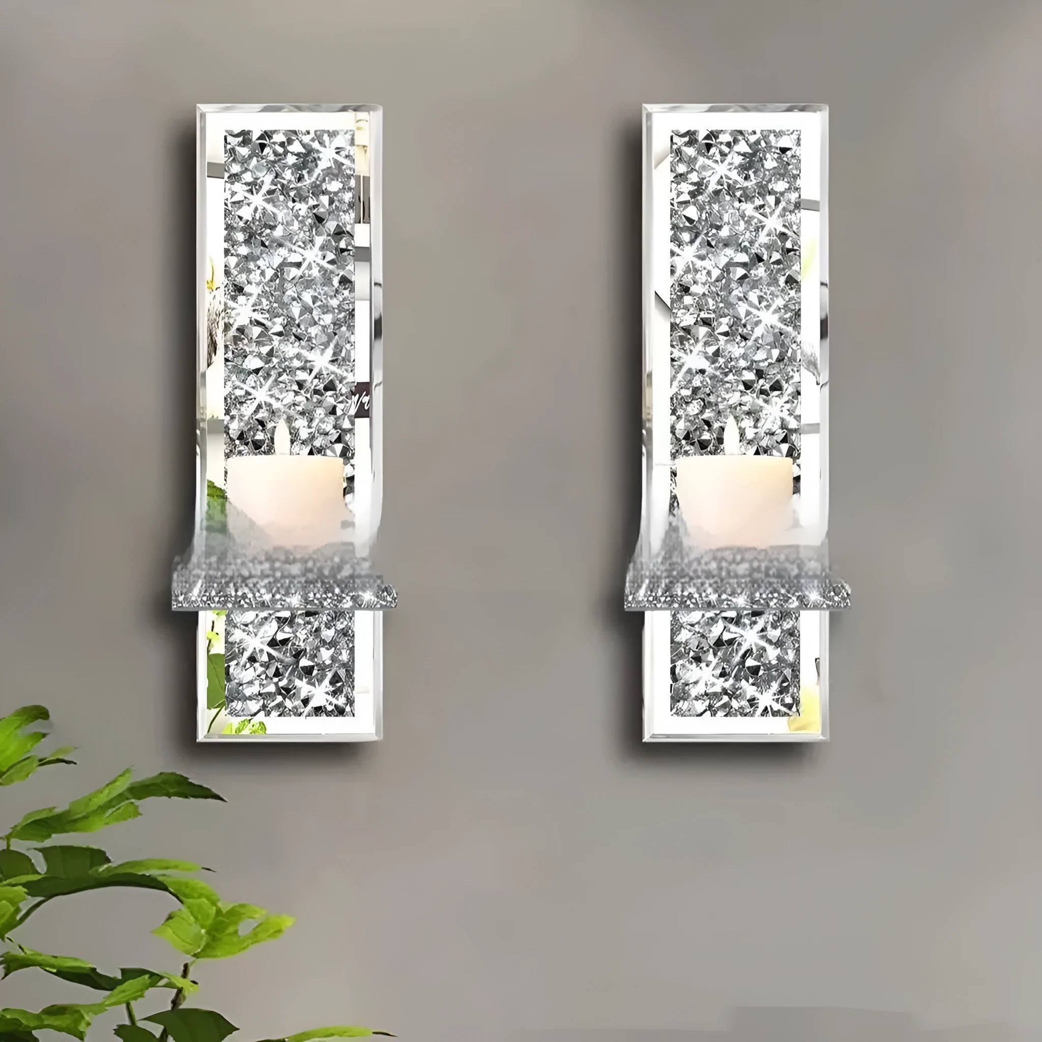 Pair of silver glass wall hanging candlesticks with modern minimalist design