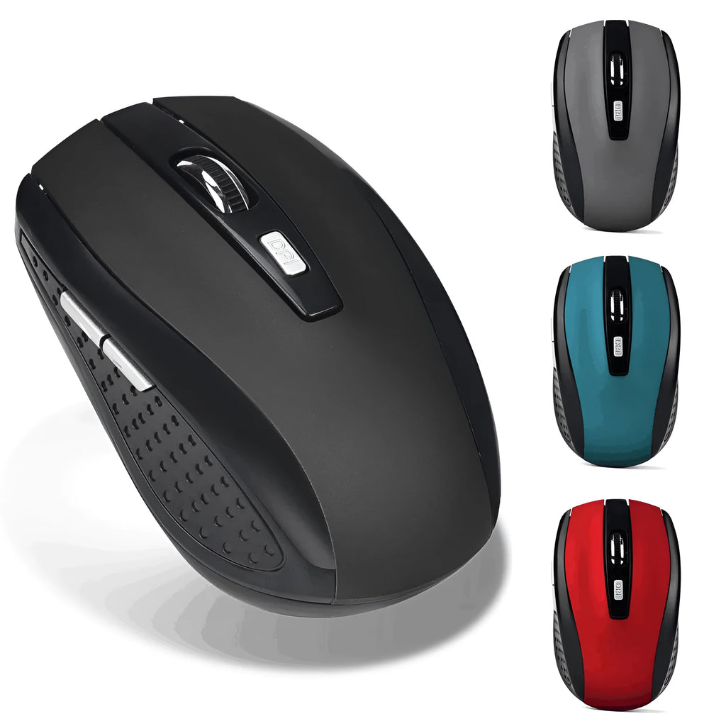 Wireless optical mouse in matte black with six buttons and scroll wheel on a desk