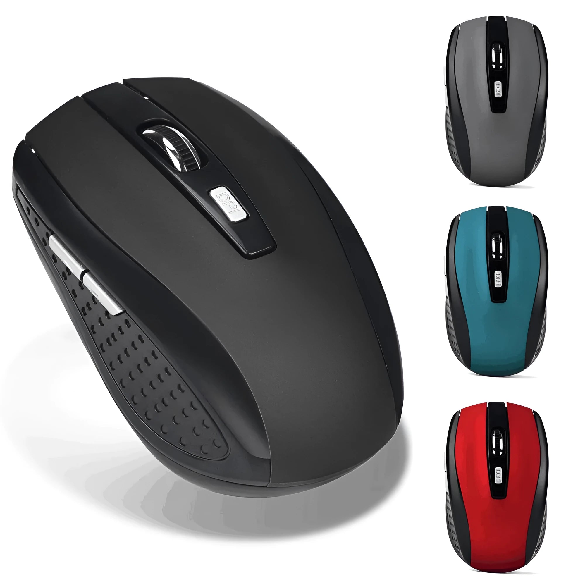 Wireless optical mouse in matte black with six buttons and scroll wheel on a desk