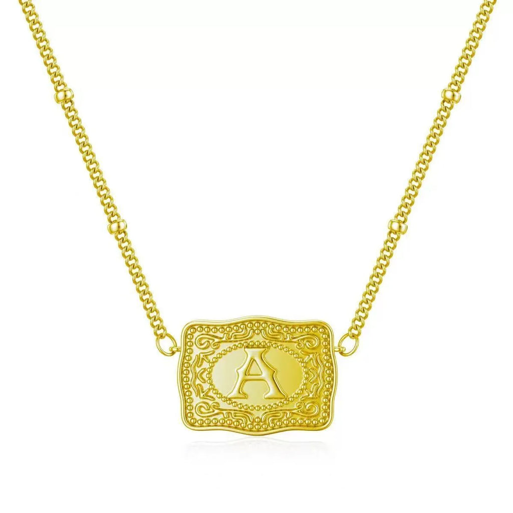 Electroplated copper letter pendant necklace in gold and white k colours, unisex style