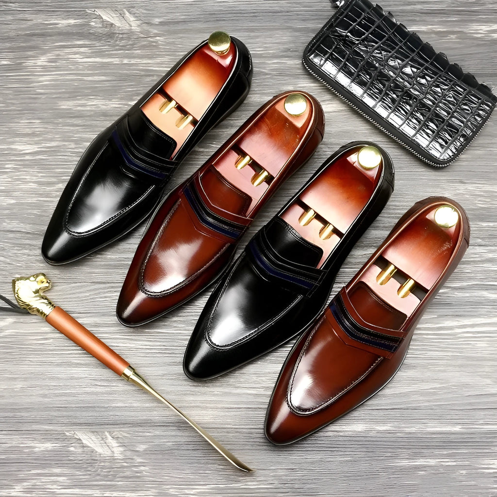 Men's black shallow mouth leather shoes with low heel and rubber sole on a neutral background