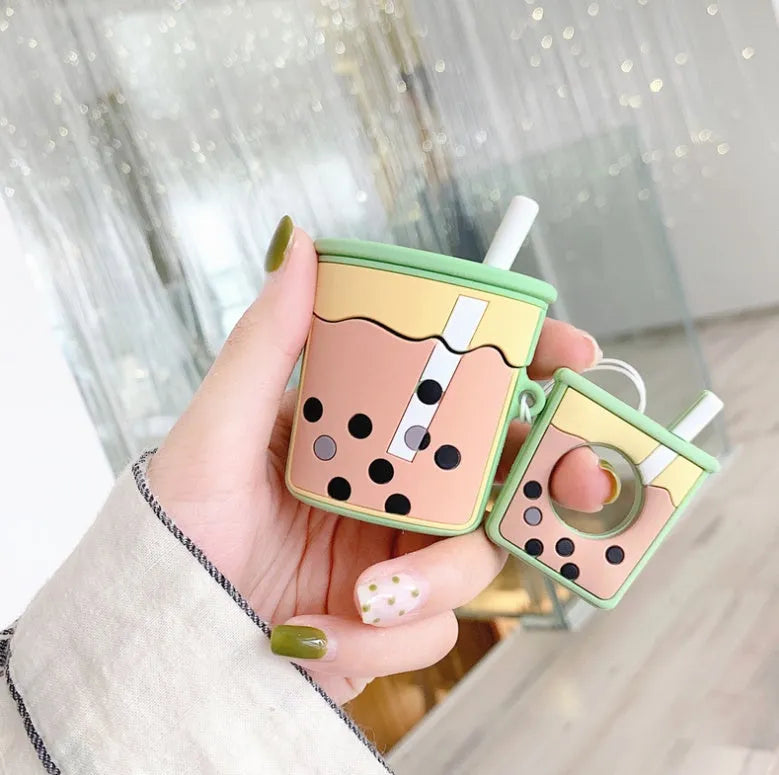 Milk tea silicone earphone cover for Apple AirPods 2nd generation in green, orange, pink, purple colours on white background