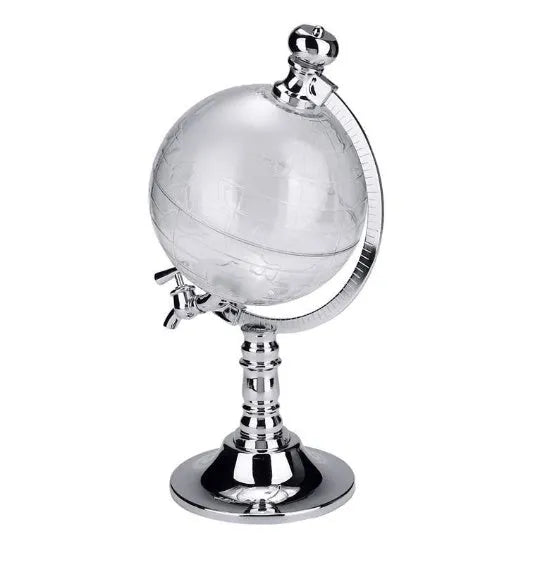 Transparent globe wine decanter dispenser with silver chrome stand and plastic body on a table