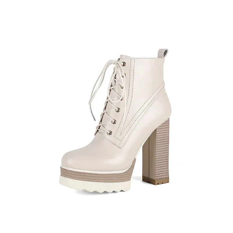 Women's chunky heel waterproof platform boots in black cowhide with side zipper and round toe