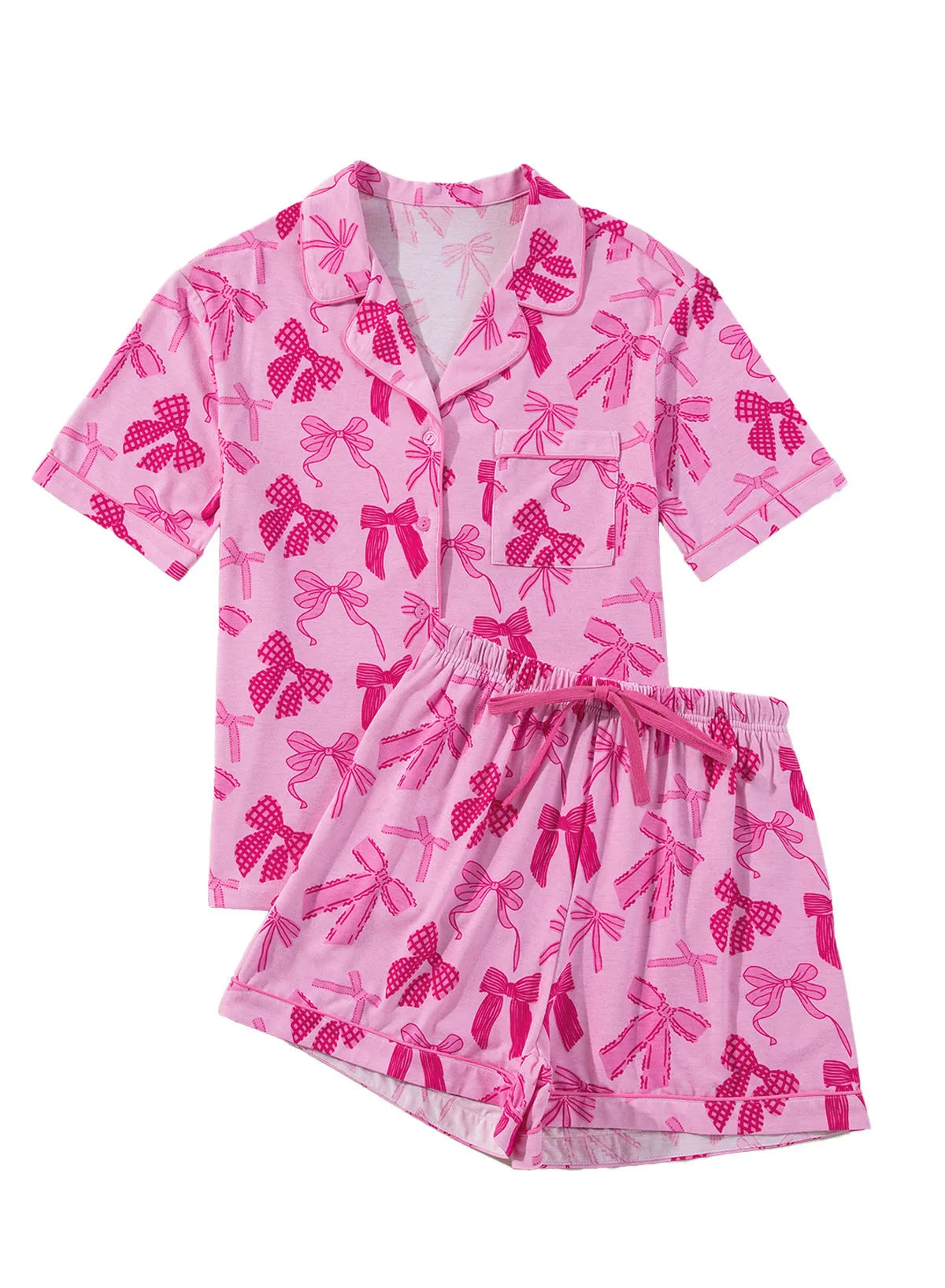 Pink women's two-piece pyjama set with a bow print detail on the top.