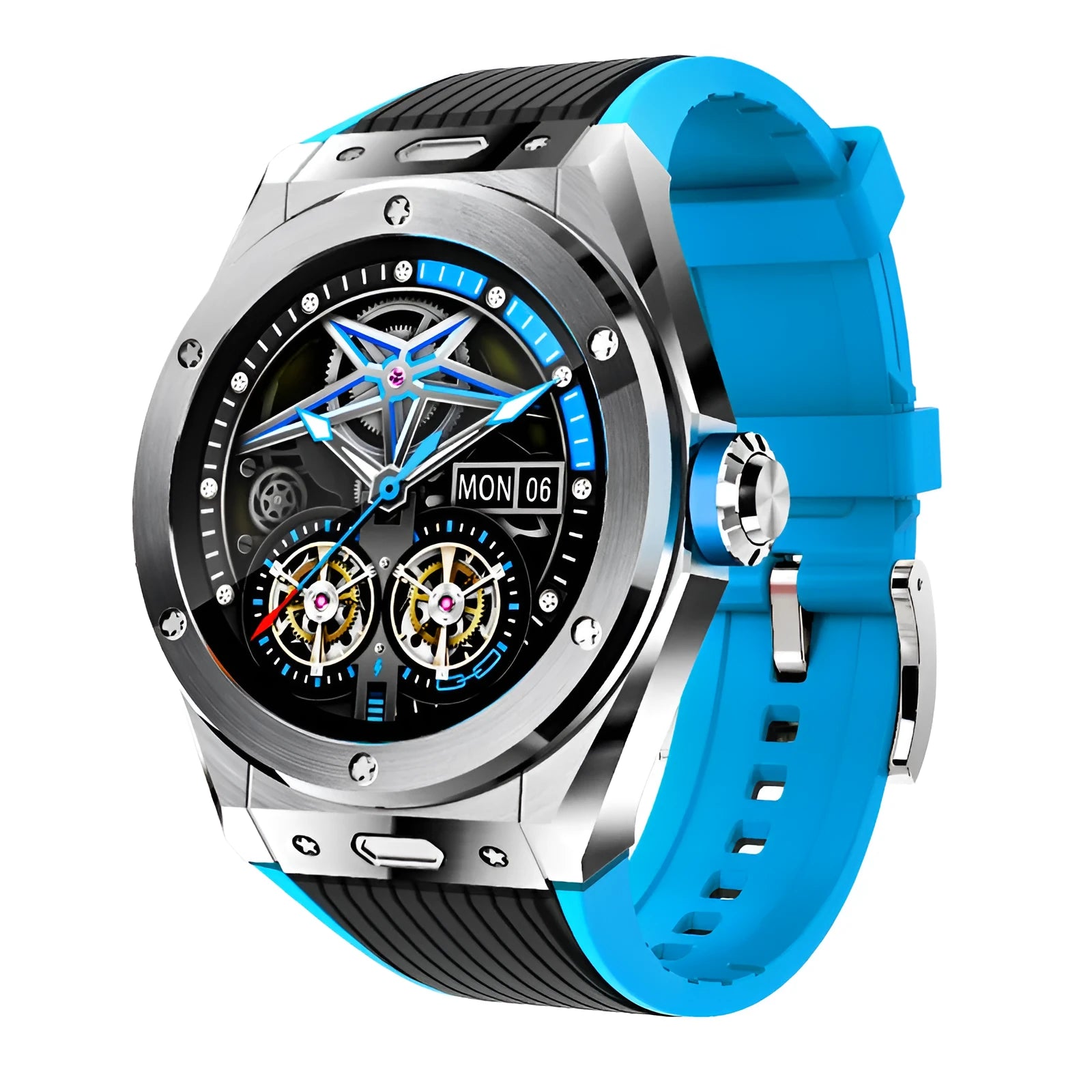 MV58 smart watch with 1.28 inch TFT screen and black silicone strap on wrist displaying heart rate data