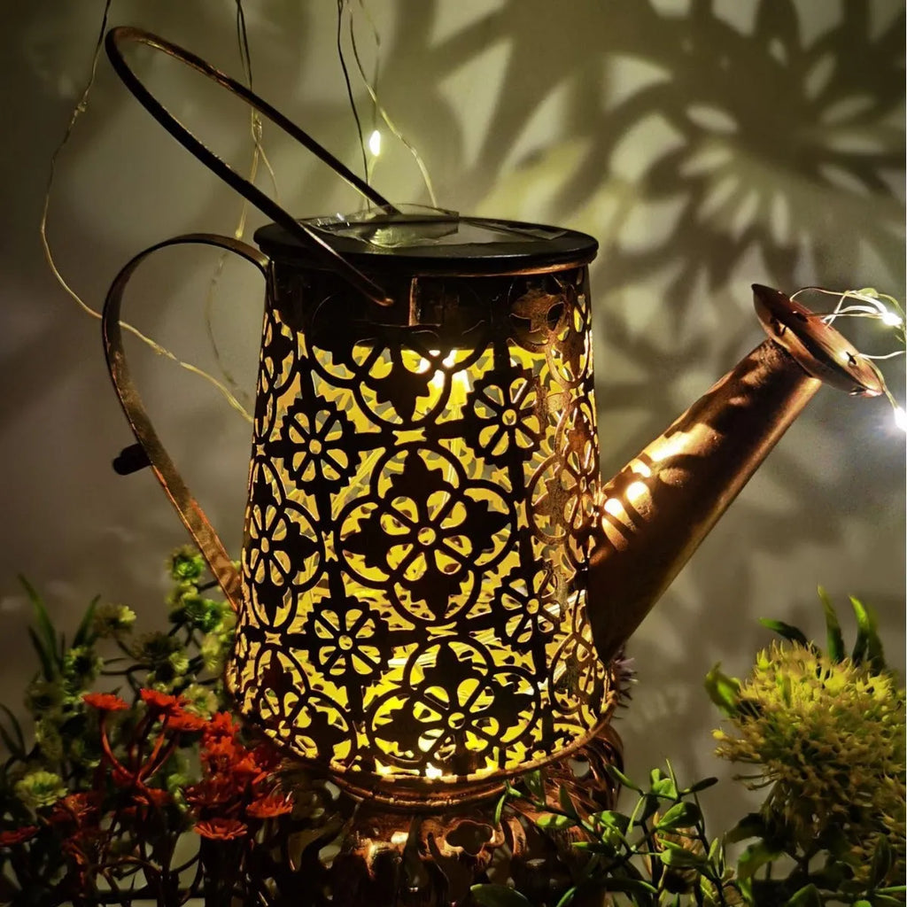 Solar kettle light in wrought iron butterfly kettle colour for outdoor courtyard decorative lighting