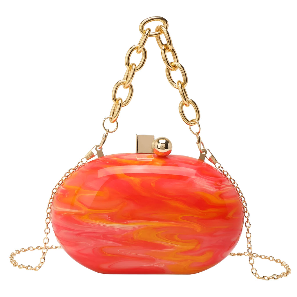 Oval acrylic chain crossbody handbag in pearlescent white with hard shell and three-dimensional pocket