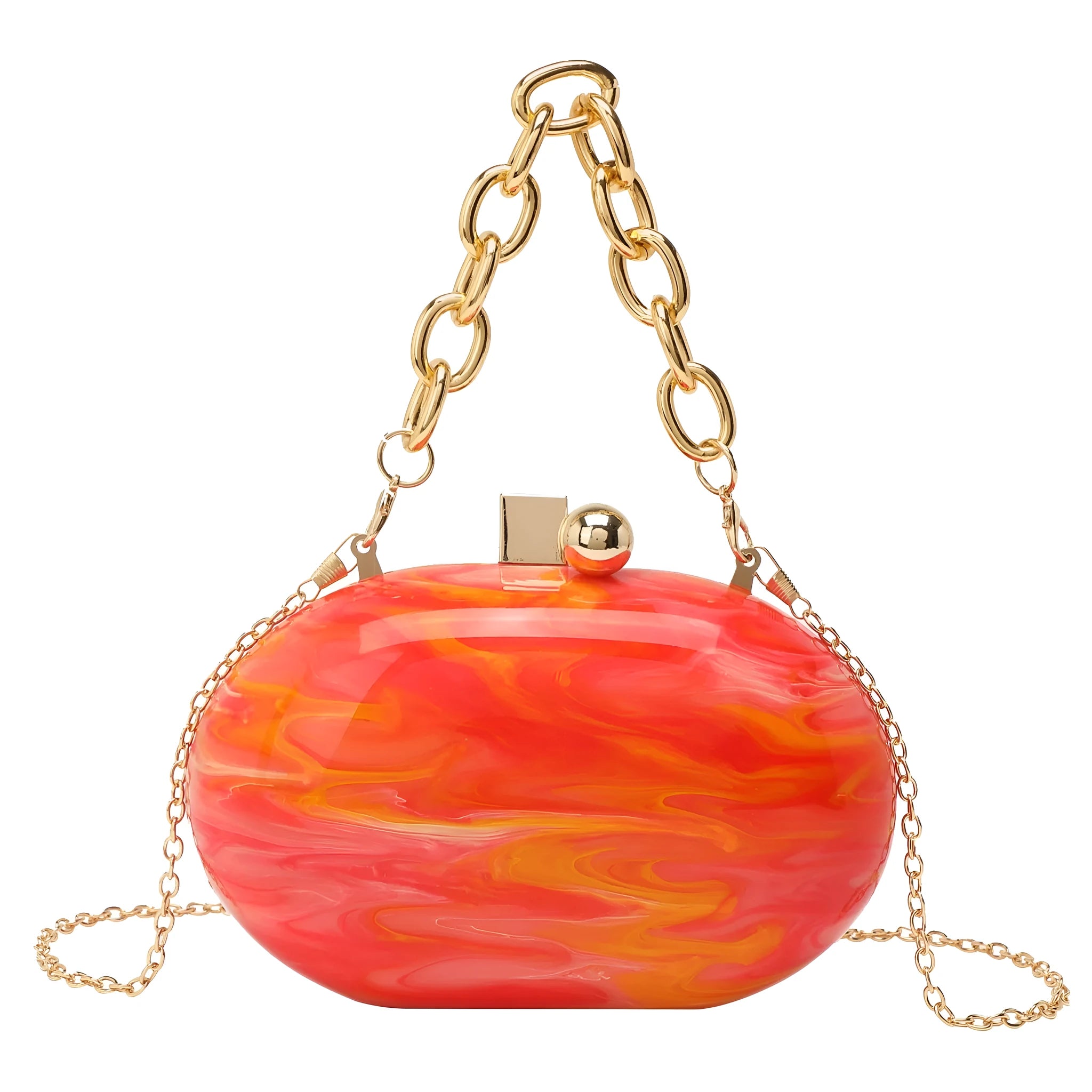 Oval acrylic chain crossbody handbag in pearlescent white with hard shell and three-dimensional pocket