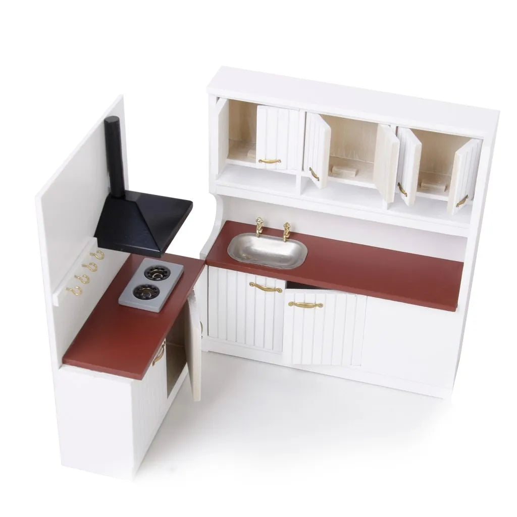 Two-piece white birch wood dollhouse kitchen cabinet set with sink and stove units with doors open showing interior