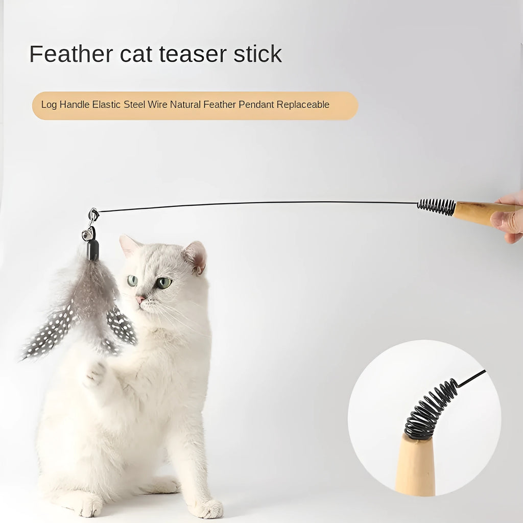 Wooden handle spring cat teasing stick with feather bell replacement head interactive kitten toy