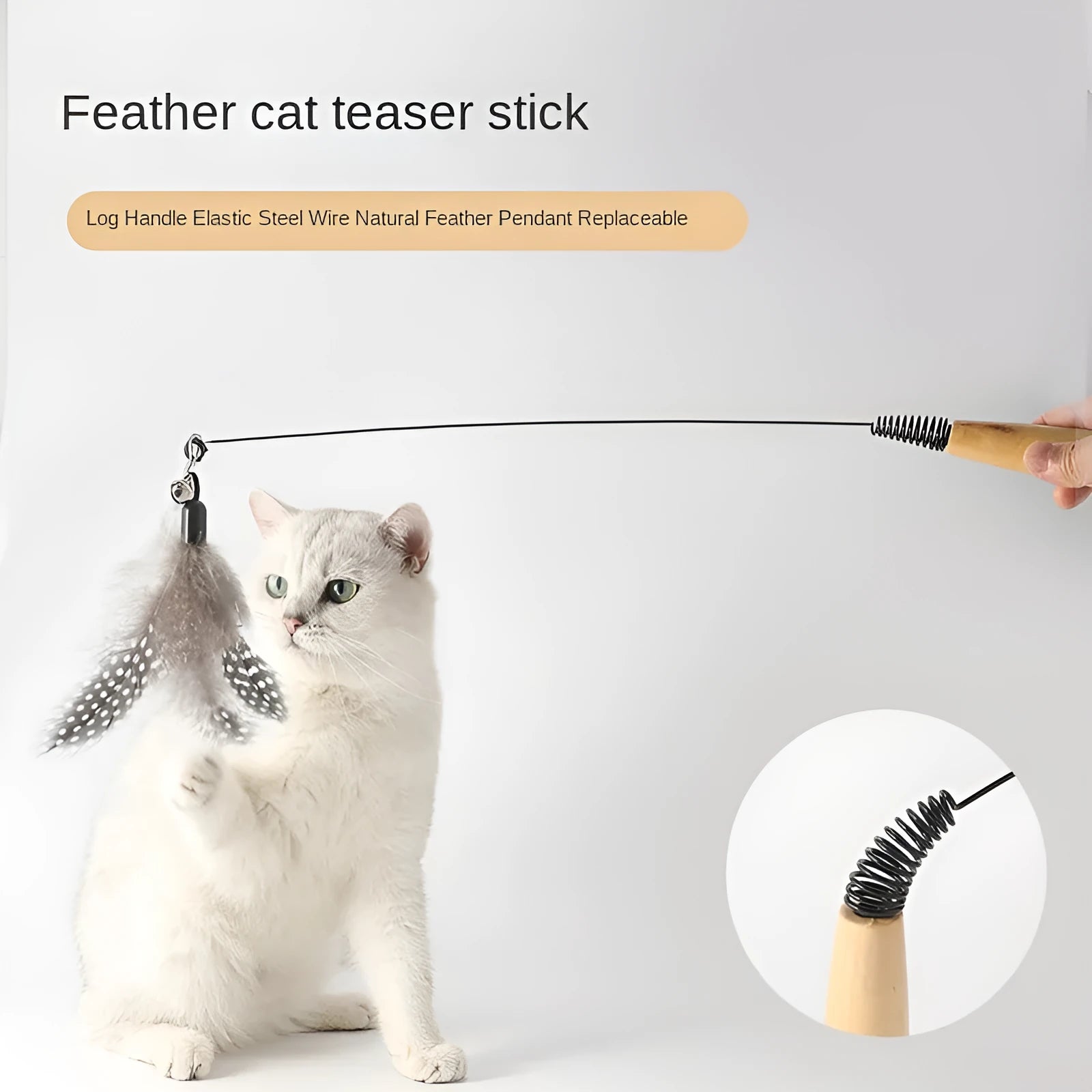 Wooden handle spring cat teasing stick with feather bell replacement head interactive kitten toy