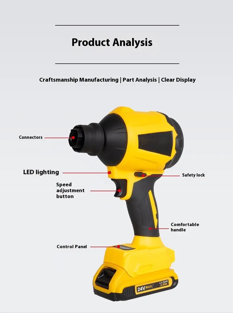 Yellow cordless dust gun with 680W power rating and 18V lithium battery for office cleaning applications