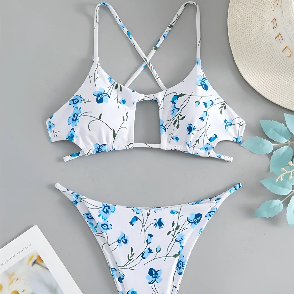 Women's floral tie-neck triangle swimsuit set with polyester lining and matching shorts in multiple colours sizes XS to XL.