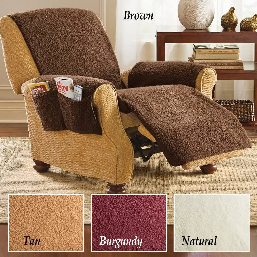 Polyester sofa cushion cover in lamb wool beige colour on a sofa.