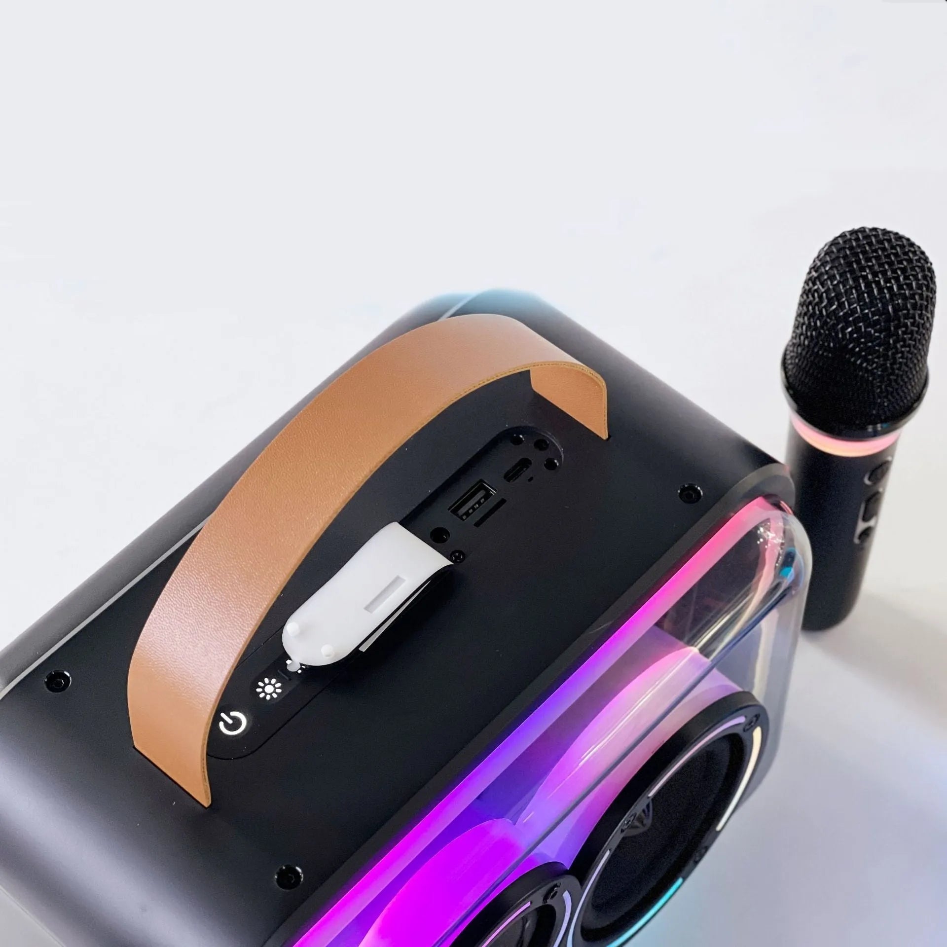Bluetooth-compatible portable speaker with colourful RGB lights in black, with wireless karaoke microphone