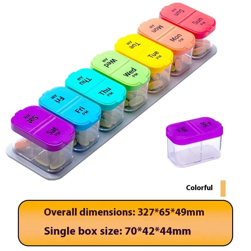 Amazon extra large pill dispenser with 14 removable compartments in white or rainbow colour