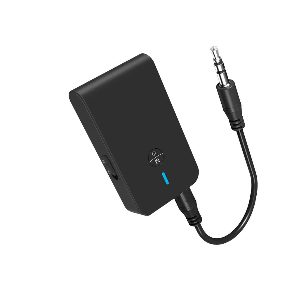 Black Bluetooth 5.0 audio adapter with 3.5mm AUX plug and external power cable