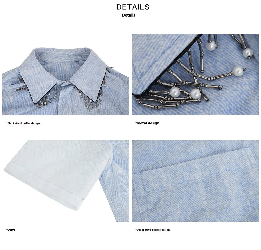 Men's blue and white gradient loose short sleeve shirt with quilted details