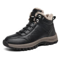 Men's black winter boots with plush lining, lace-up design, thick rubber sole, and round toe