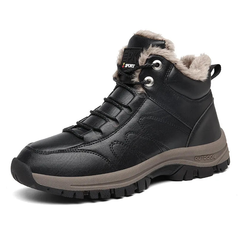 Men's black winter boots with plush lining, lace-up design, thick rubber sole, and round toe