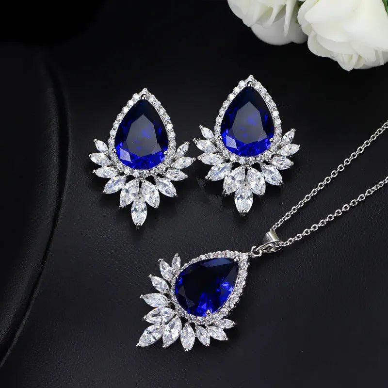 Bridal banquet jewellery set with classic chain necklace in blue, red or white colour options