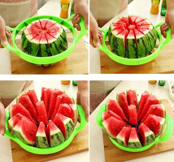 Green multi-function fruit slicer with stainless steel blade for cutting watermelon into 12 slices, 29cm diameter