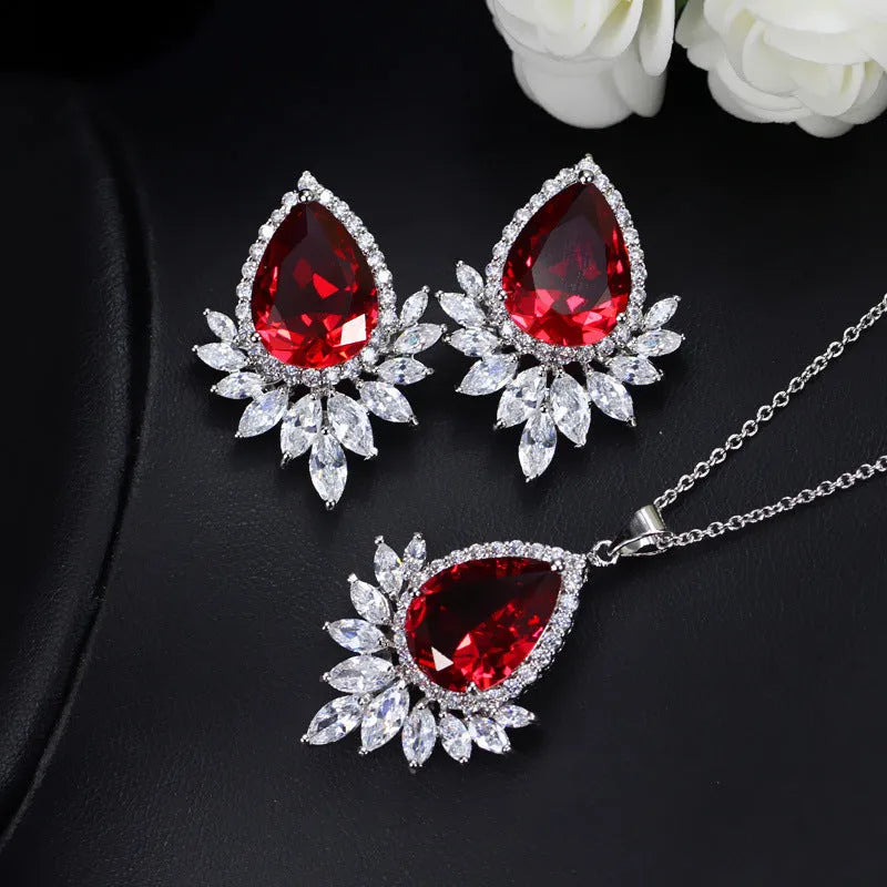 Bridal banquet jewellery set with classic chain necklace in blue, red or white colour options