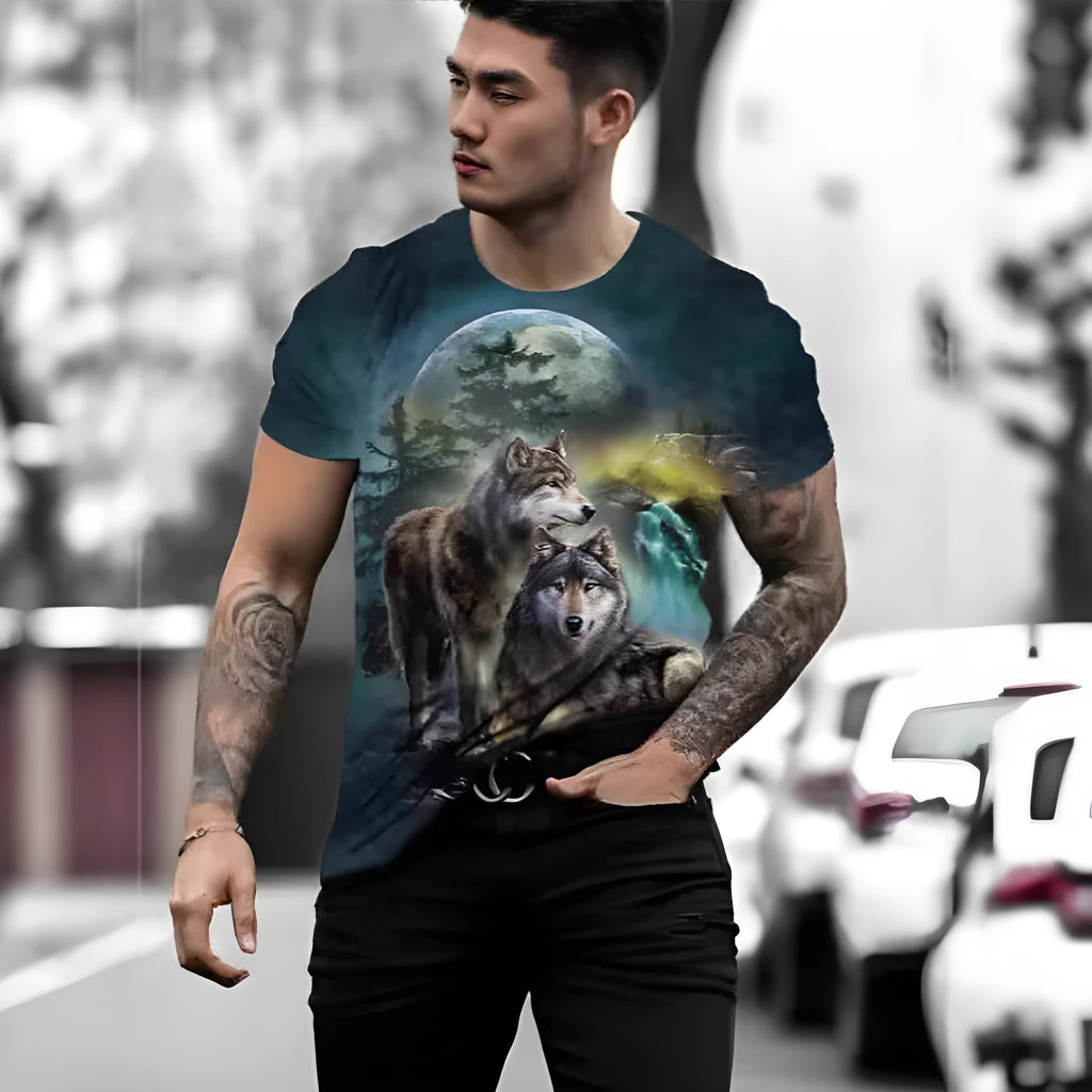 Retro 3D animal print men's short-sleeved t-shirt in polyester bird eye cloth, showing digital print detail