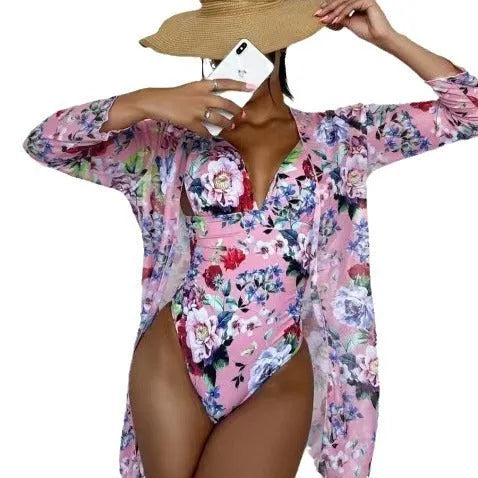 Women's floral pattern bikini three-piece swimsuit set in a choice of seven colours.
