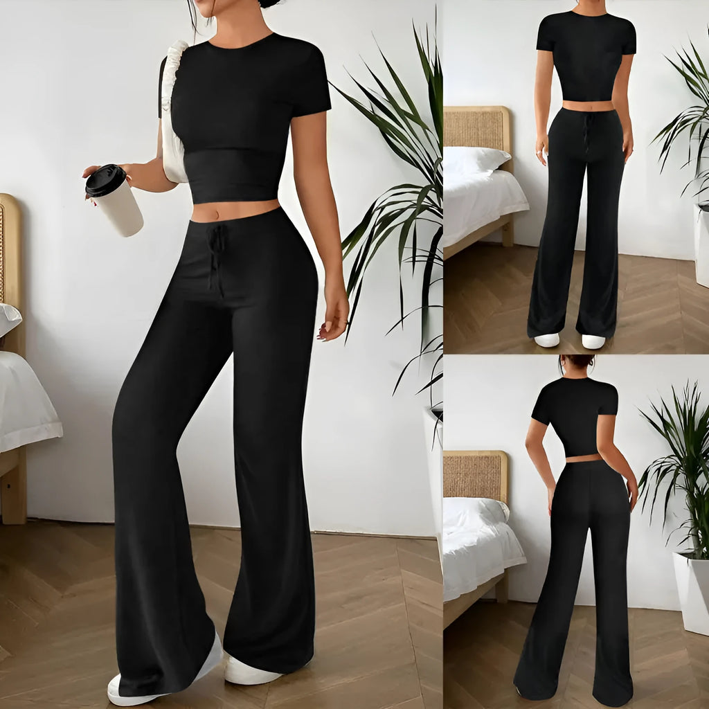 Women's black high-waist trouser and short-sleeve t-shirt suit set on hanger