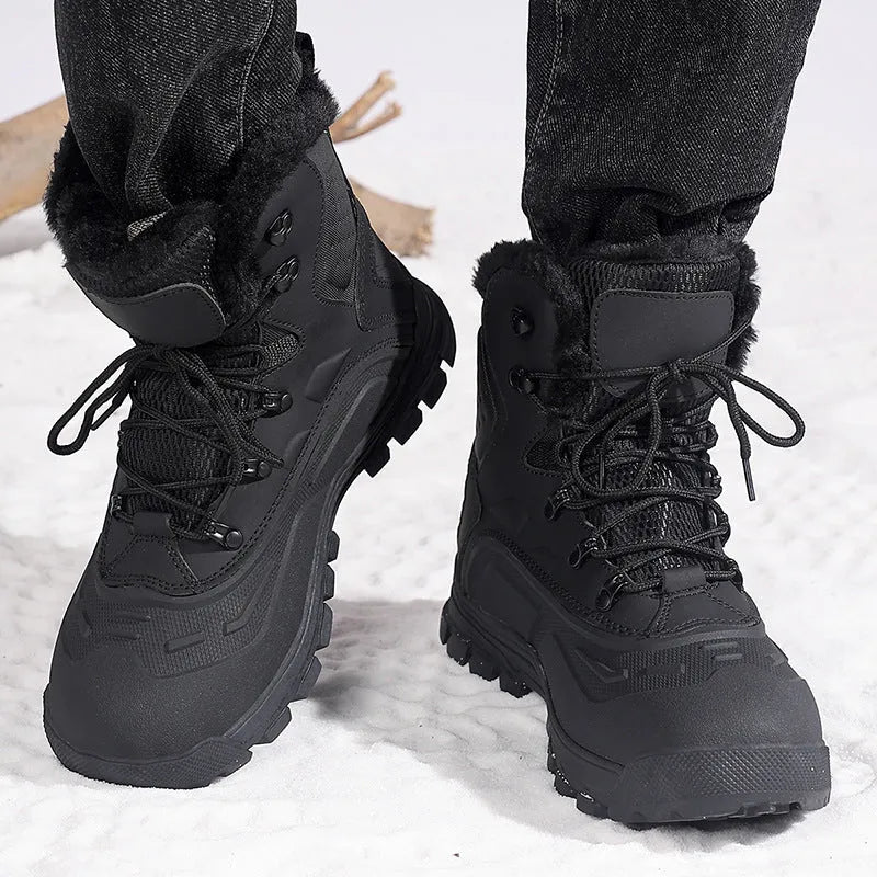 Men's black fleece-lined high-top lace-up boots with tall crown and TPR rib sole