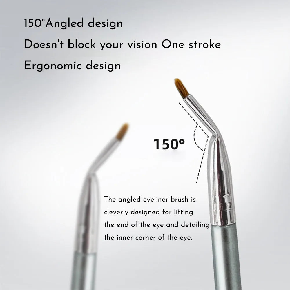 Bent head eyeliner brush with angled design for under eye and tear trough makeup application