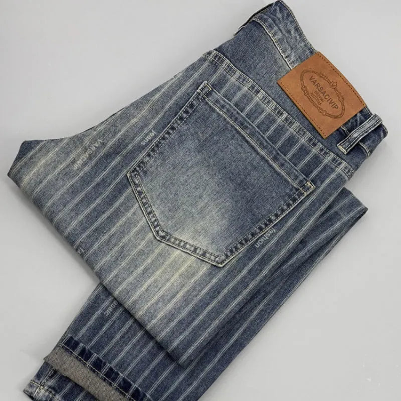 Men's striped cropped jeans slim fit retro denim trousers with zipper fly straight leg ankle length