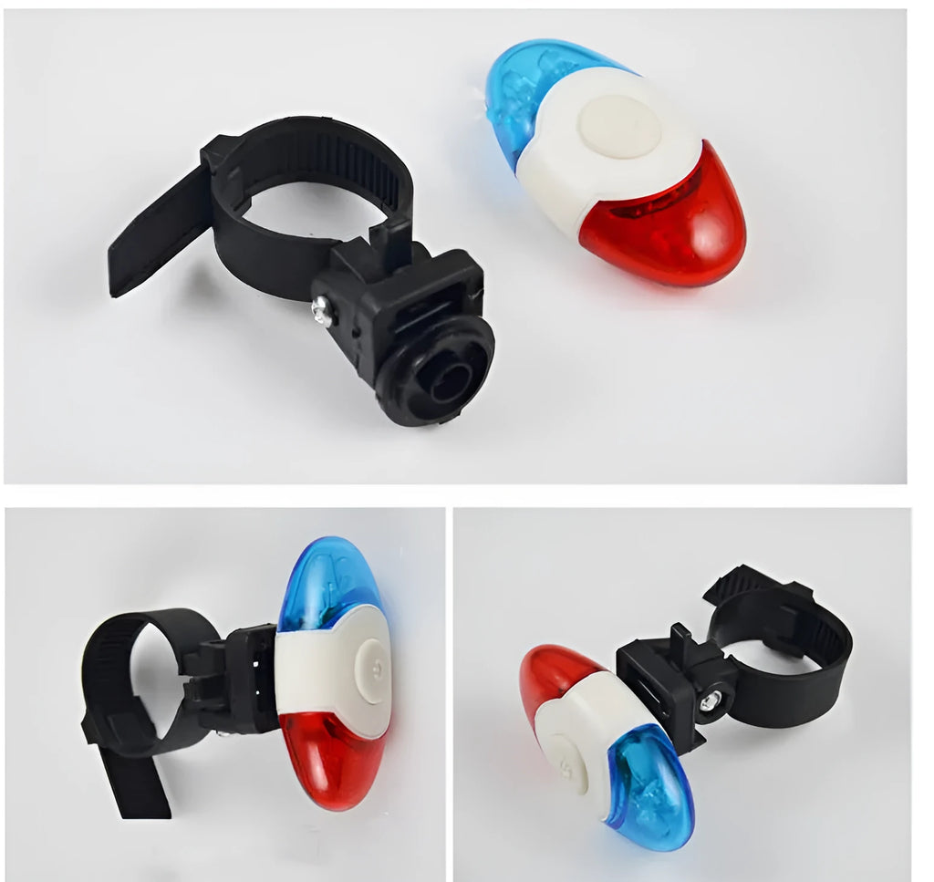 Red and blue LED tail light with adjustable mounting base showing horizontal and vertical positioning options