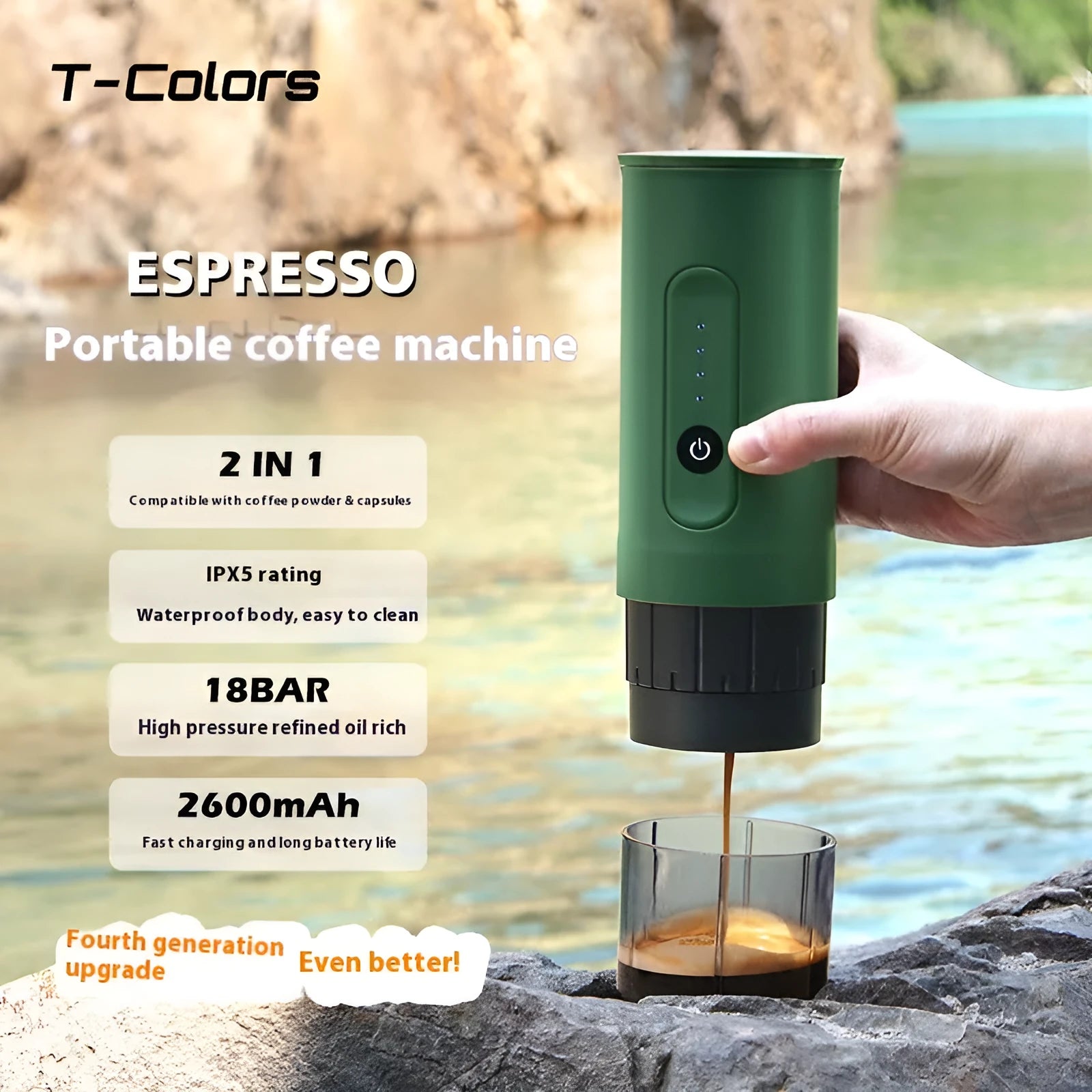 Portable electric coffee machine with stainless steel body in Moonlight White, including storage bag