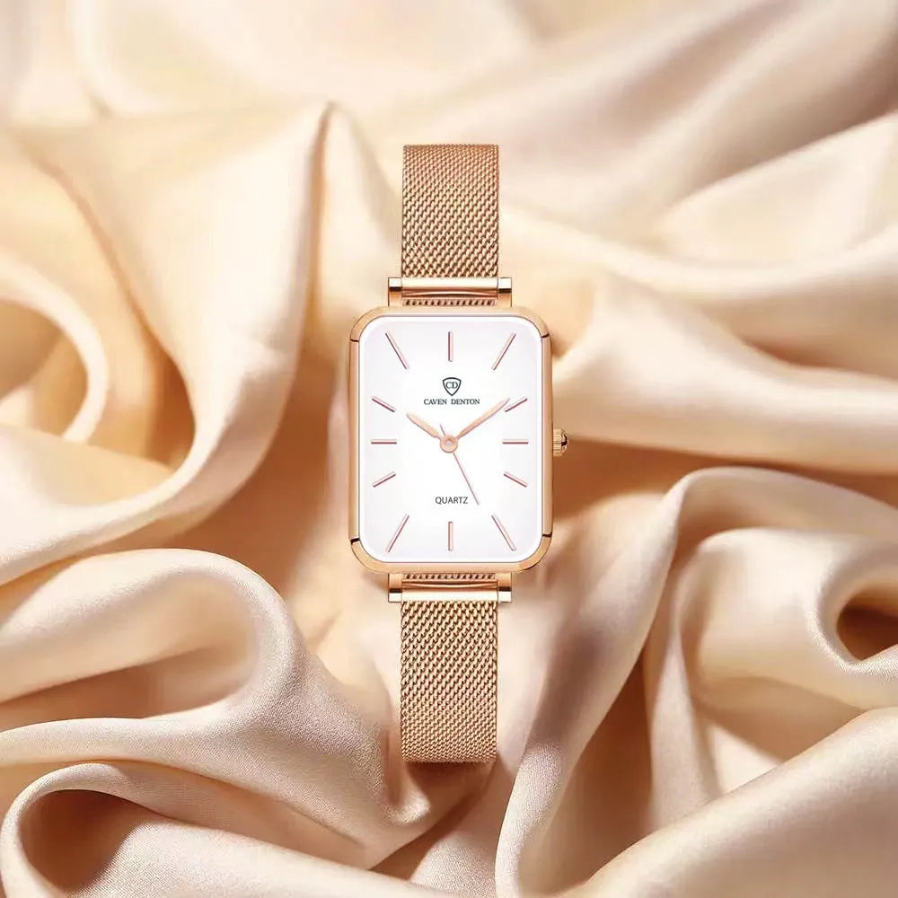 Women's waterproof quartz watch with alloy case and woven steel strap in rose gold or silver colour