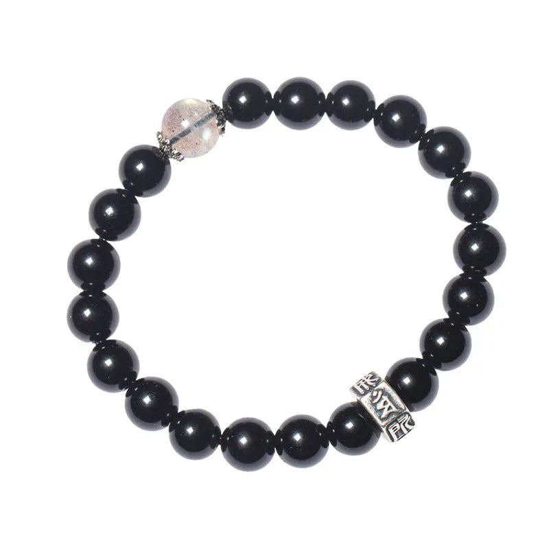 An ethnic-style women's bracelet made from 8mm obsidian beads with zodiac animal and Buddhist bodhisattva charms.