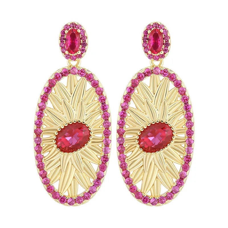 Gold-plated jewellery set with simulated red corundum stones, water drop shape, diamond cut finish, necklace ring ear studs