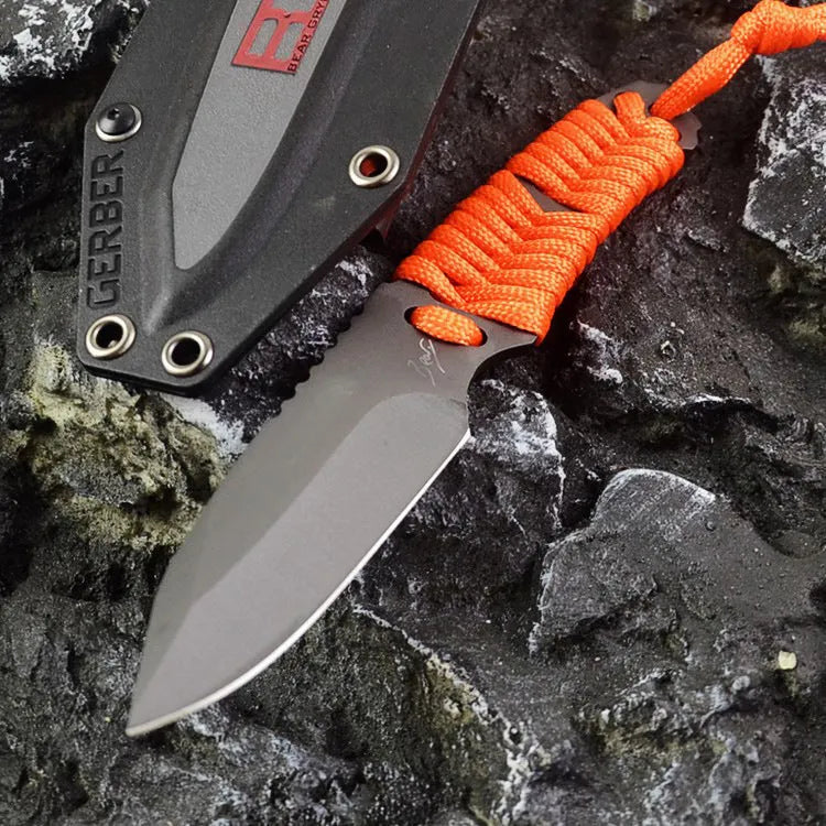 Outdoor camping survival knife with 80mm sanded 5Cr15 blade and rope handle