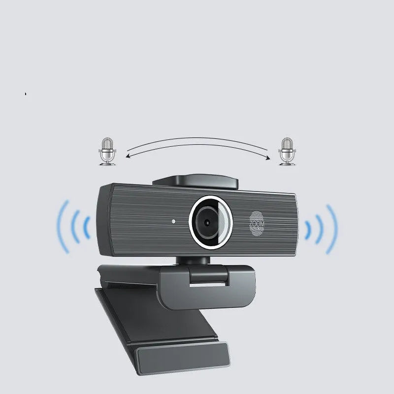 Black computer webcam with 4K resolution and magnetic privacy cover attached