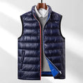 Men's thick white goose down vest in solid colour, oblique pocket design, available in black and navy blue, sizes M to 4XL