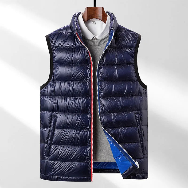 Men's thick white goose down vest in solid colour, oblique pocket design, available in black and navy blue, sizes M to 4XL