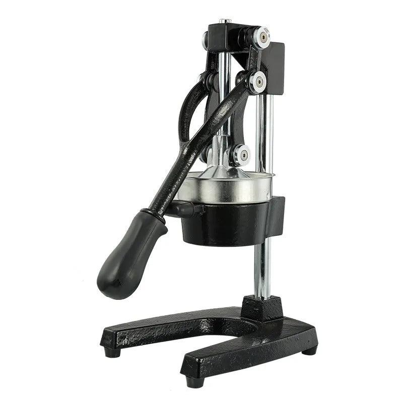 A black cast iron manual juicer with a stainless steel strainer, standing 40cm tall on a kitchen counter.